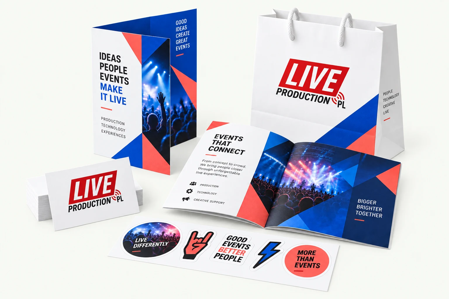 Przykładowe wizytówki, ulotka, katalog, torba i naklejki z nadrukiem